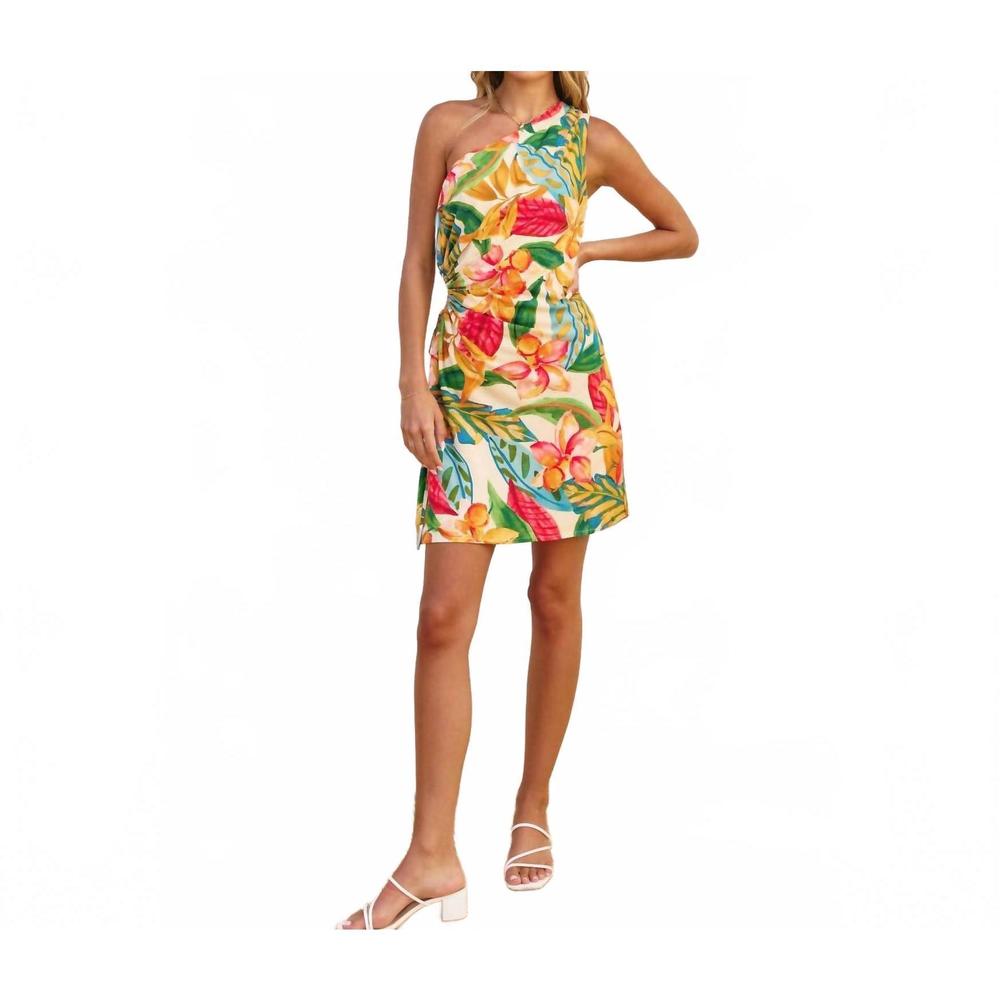NEW DRESS FORUM super bloom one shoulder ruched mini dress in multi - Picture 4 of 4